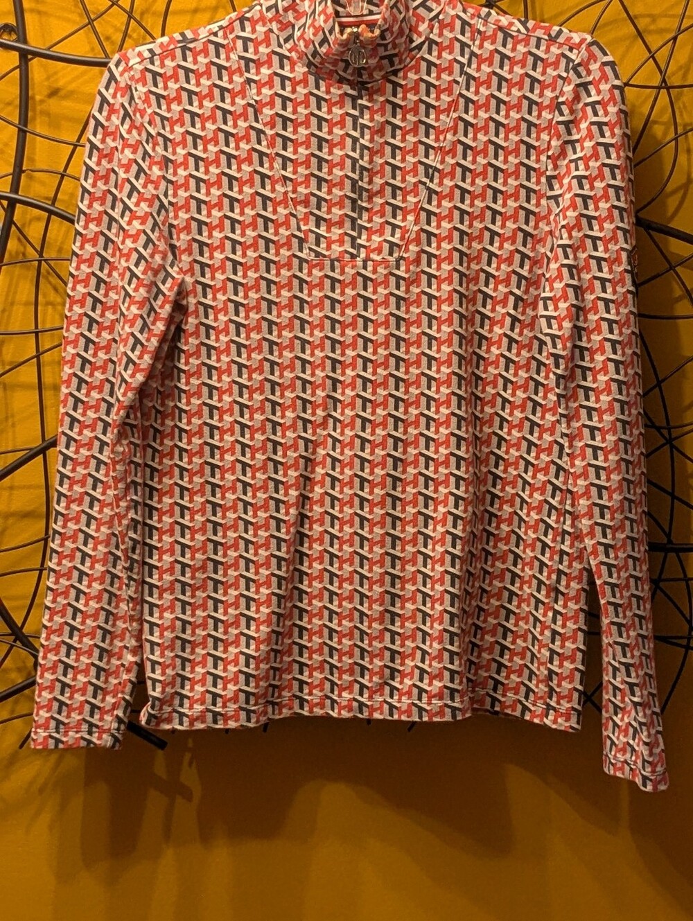 Tommy Hilfiger Women’s TH Monogram Geometric Print Qrter-Zip Pullover–Red & Navy